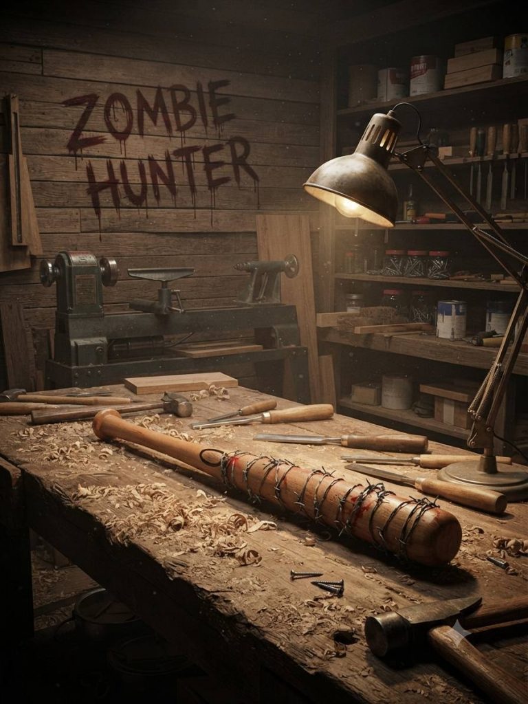 Batte Zombie Hunter posée sur l’établi de l’atelier